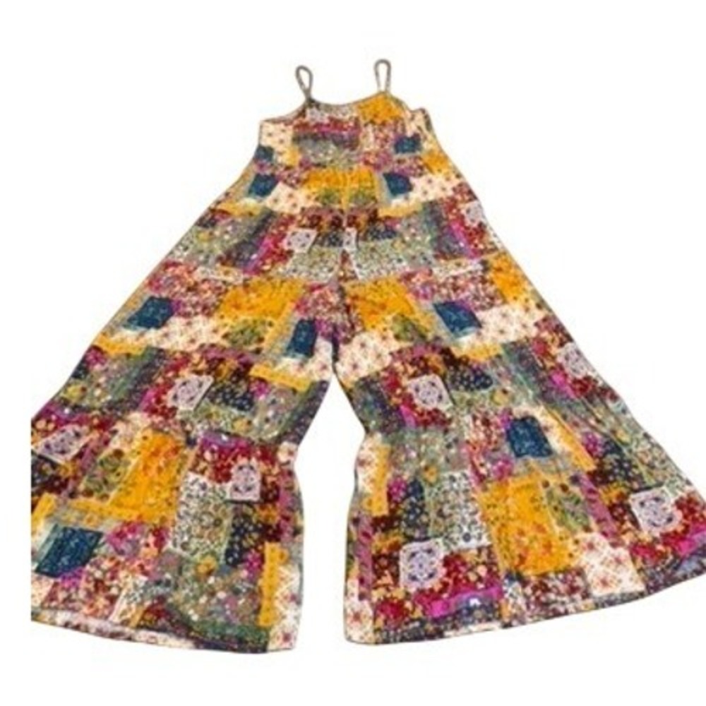 Natural Life Patchwork Floral Wide Leg Pant Jumpsuit Multicolor Boho M Hippie